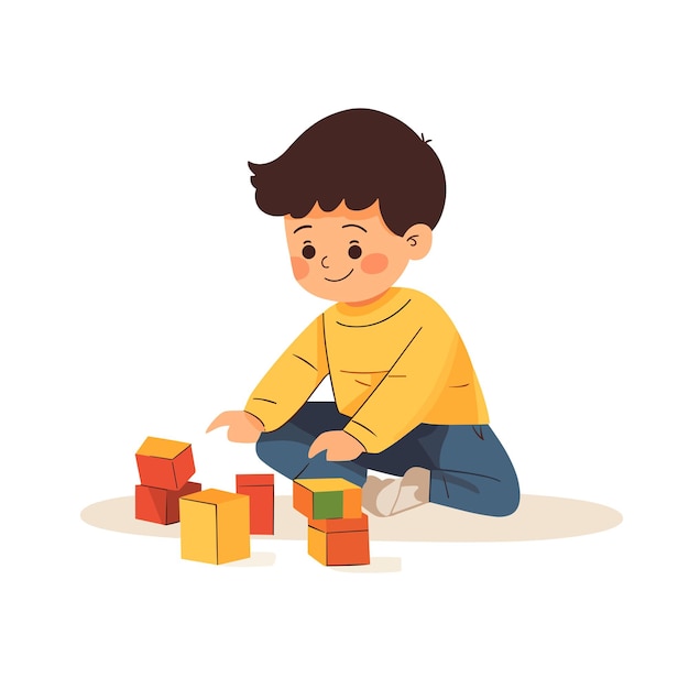 A boy playing with building blocks on the floor