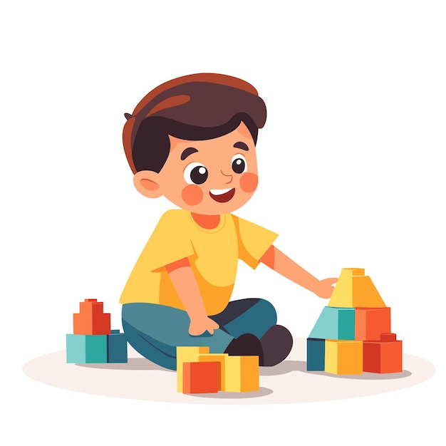 A boy playing with building blocks on the floor