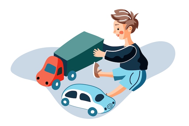 Vector boy playing with car toys illustration, little child sitting on floor and holding plastic truck.