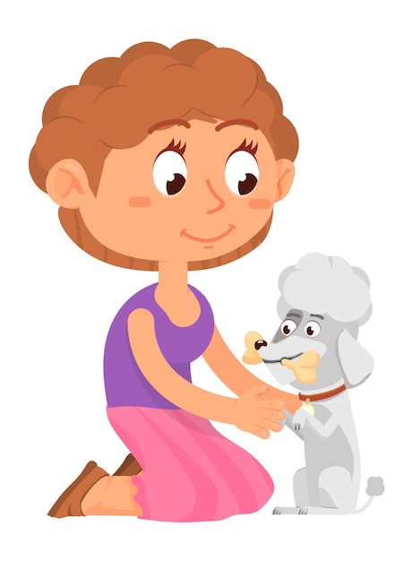 Boy playing with dog. Cute poodle and kid in cartoon style. Vector illustration