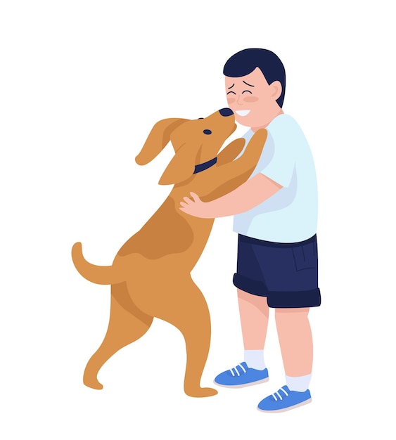 Boy playing with dog semi flat color vector character