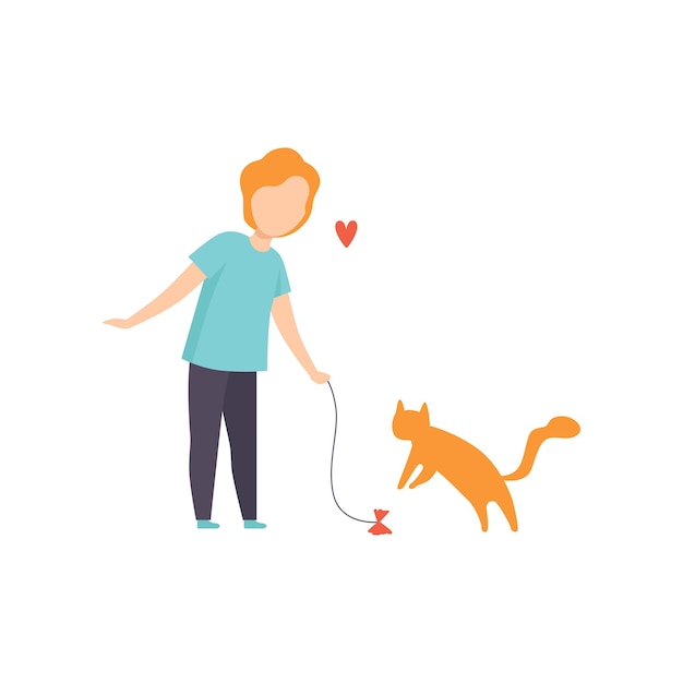 Boy playing with his red cat adorable pet and its owner vector illustration on a white background