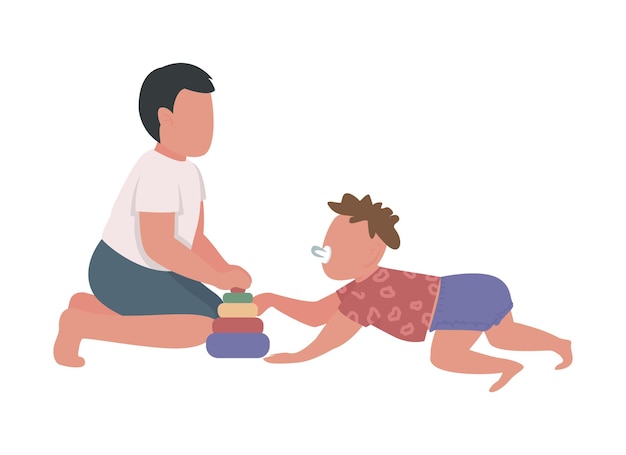 Boy playing with little brother semi flat color vector characters. Sibling bonding. Kindergarten student and toddler isolated modern cartoon style illustration for graphic design and animation