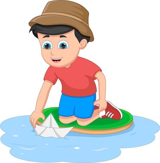 boy playing with paper boat in a water