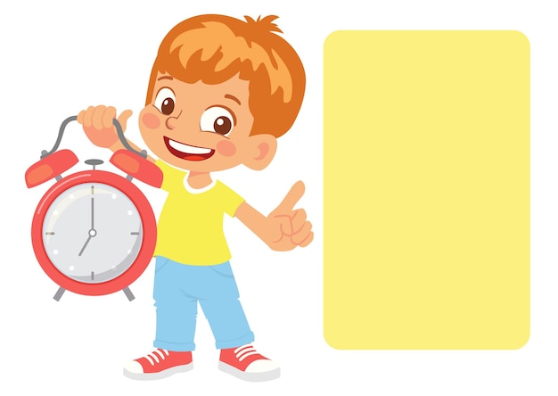 Boy points to the schedule. Boy holding alarm clock