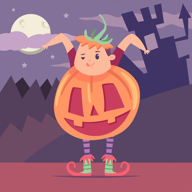 Boy in a pumpkin costume next to a castle and forest. Halloween vector cartoon flat kid character.