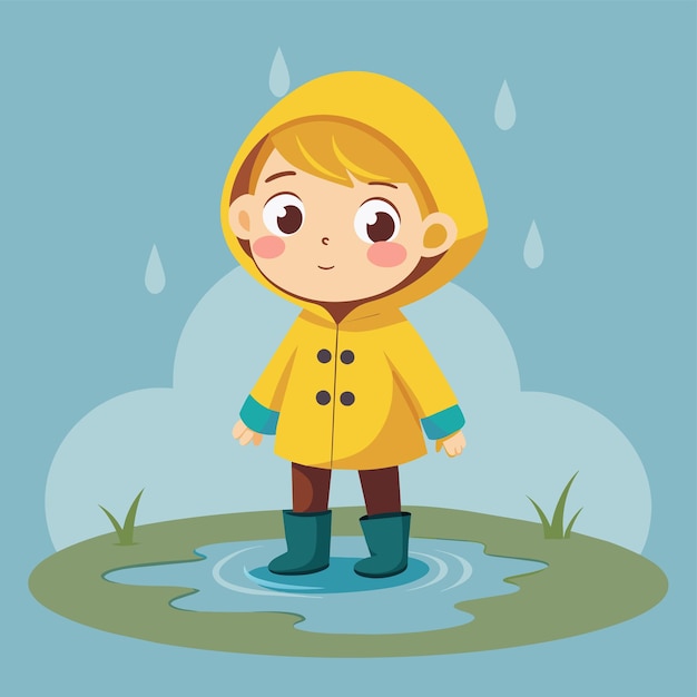 Vector a boy in a raincoat stands in a puddle with a child in the rain