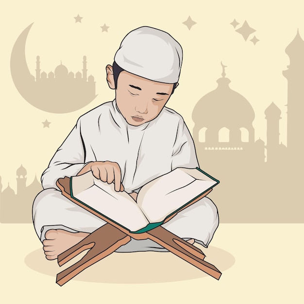 A boy reading a book in front of a mosque