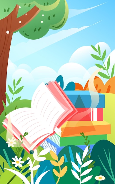 Boy reading a book outdoors with various plants and trees in the background vector illustration