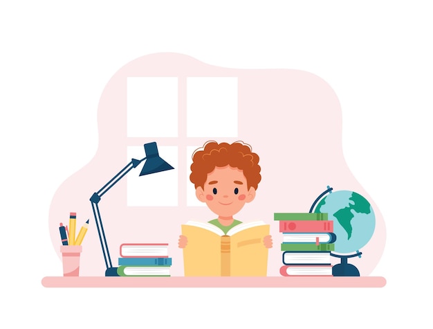 Boy reading a book sitting at a desk. Vector illustration concept in cartoon style