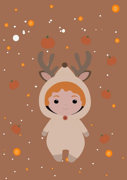 A boy in a reindeer costume for Halloween.Masquerade.Pumpkin background