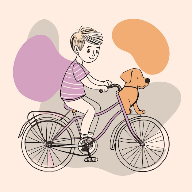 Vector a boy rides a bike with a dog and a speech bubble