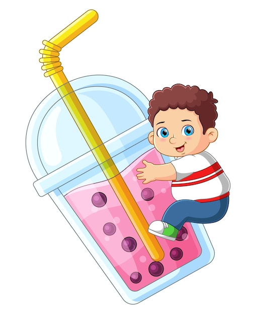 A boy riding big bubble tea