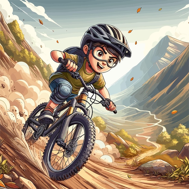 Vector a boy riding a bike with a helmet on a young boy overcoming a challenging mountain bike climb