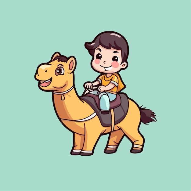 Boy riding a camel and smiling.