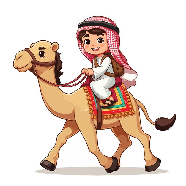 Vector a boy riding a camel with a camel and a hat on