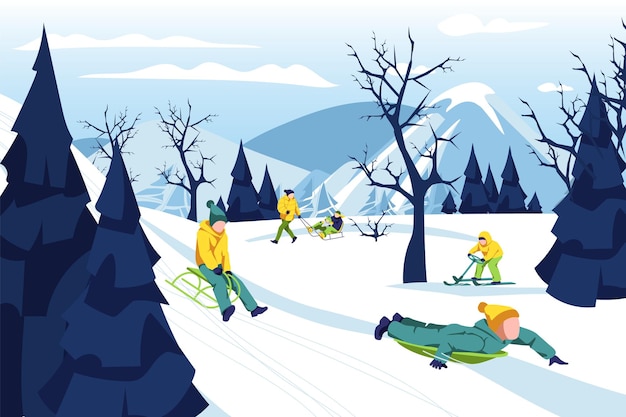 Boy riding his sleigh on hill Kid wearing warm winter clothing sledding down snowy hill Child having fun outdoors in winter season cartoon vector illustration