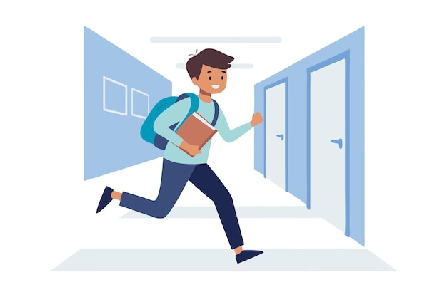 Boy running in a school hallway with a backpack and a book in hand