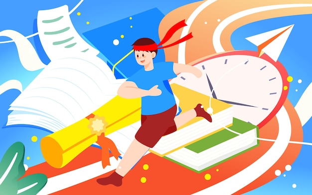 Boy running on the track next to acceptance letter and book vector illustration