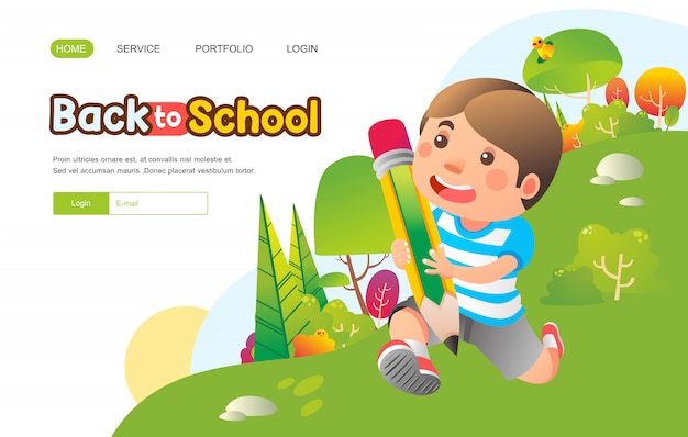 Boy running while bringing huge pencil with happy face at outdoor for back. to school banner