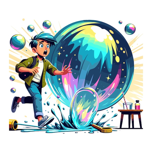 Vector a boy runs through a bubble with a picture of a boy running boy trapped in coloring big water soap