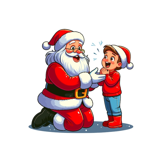 boy and a santa Santa Claus surprising a child Santa Claus in a classic red suit with white fur tri