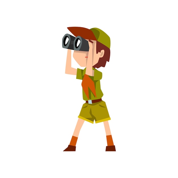 Boy scout character in uniform with binoculars outdoor adventures and survival activity in camping vector Illustration isolated on a white background