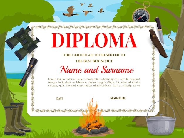 Boy scout diploma template with camping equipment