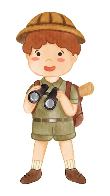 Boy scout with hiking suit look through binoculars Realistic watercolor paint with paper textured Cartoon character design Vector