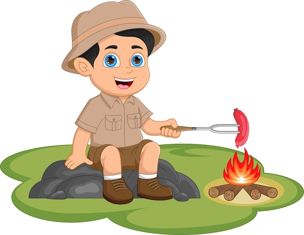 Boy Scouts grilling sausages while camping