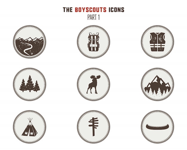 Boy scouts icons, patches. Camping stickers. Tent symbol, moose pictogram, backpack elements, canoe and others. 