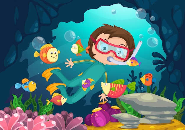 Boy scuba diving vector