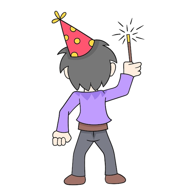 Boy seen from behind holding New Year celebration fireworks doodle icon image kawaii