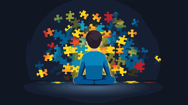 a boy sits in front of a puzzle that has the words puzzle pieces on it