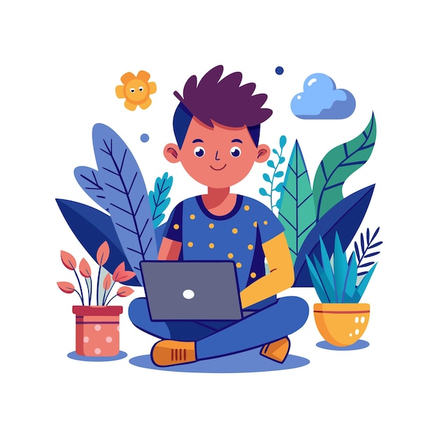 Vector a boy sits on the ground with a laptop and a plant