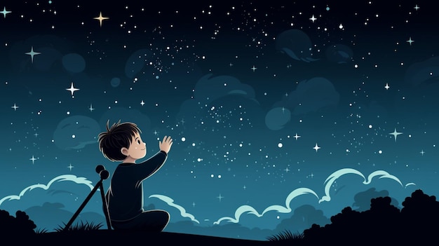 Vector a boy sits on the ground with a star above him