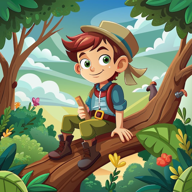 a boy sits on a tree with a book in his hand