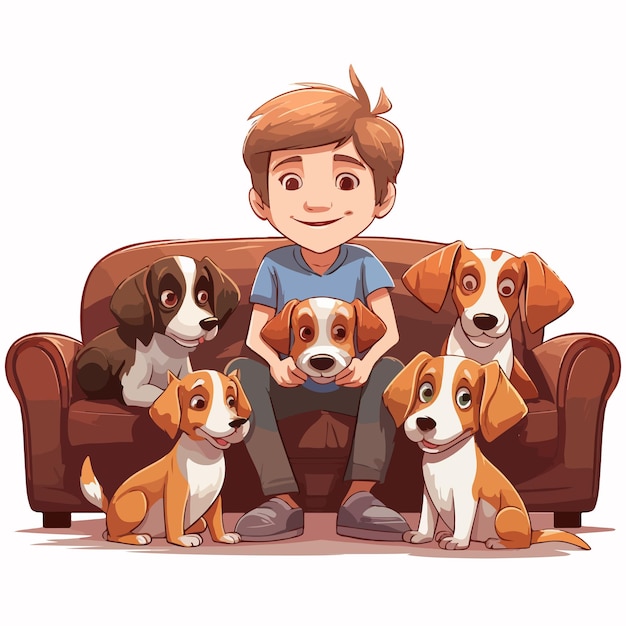 Boy Sitting on Couch Surrounded by Beagle Dogs Illustration