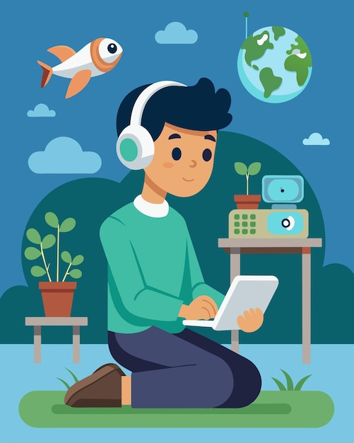 Vector a boy sitting in his classroom wearing a headset as he virtually explores different ecosystems using