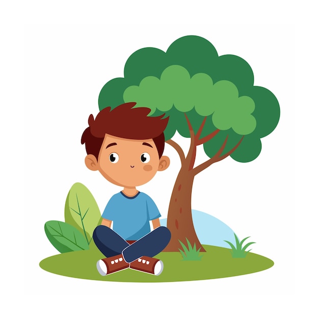 A boy sitting under a tree flat style vector illustration