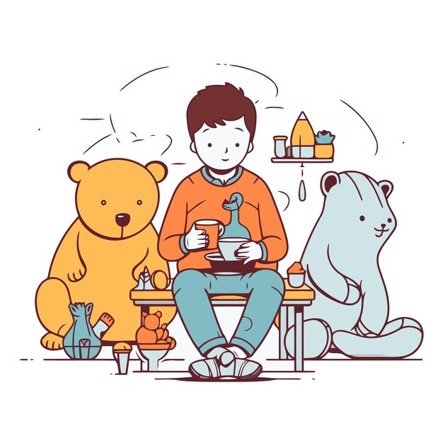 Vector boy sitting with a cup of tea and a bear