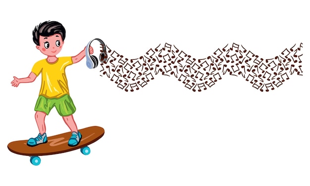 A boy on a skateboard with musical headphones in his hands Vector illustration on a children's theme Design element for greeting cards invitations themed banners book illustrations