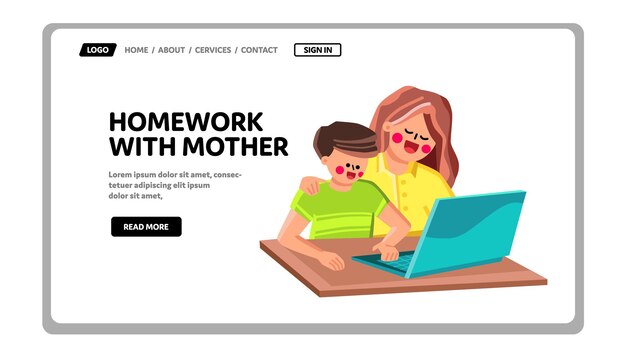 Boy Son Make Homework With Mother Together Vector