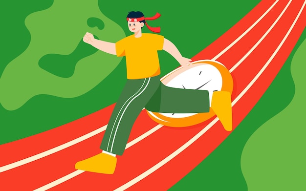 Boy sprints to the finish on the track with paper and books in the background vector illustration