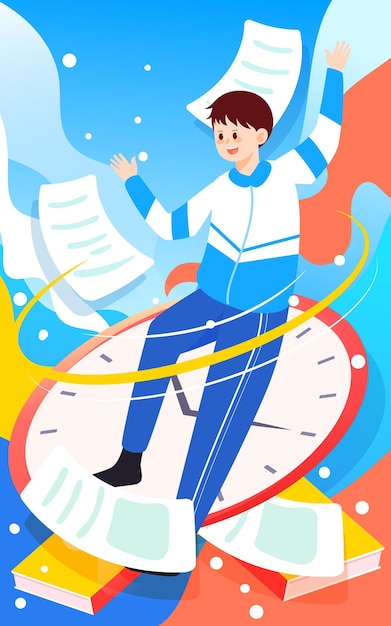 Boy standing above the clock with paper and books in the background vector illustration