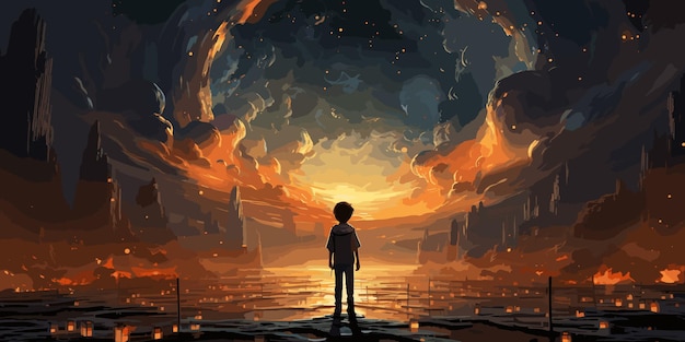 Boy standing on the opened giant book with fantasy light digital art style illustration painting