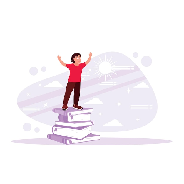 Vector boy standing on top of a tower of books excited to return to school education and reading concepts