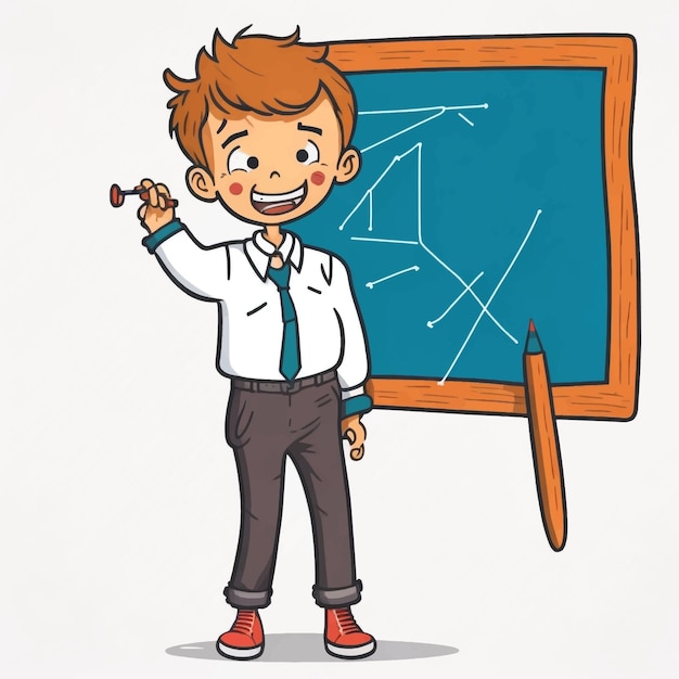 A boy stands in front of the blackboard with a pointer vector illustration white background