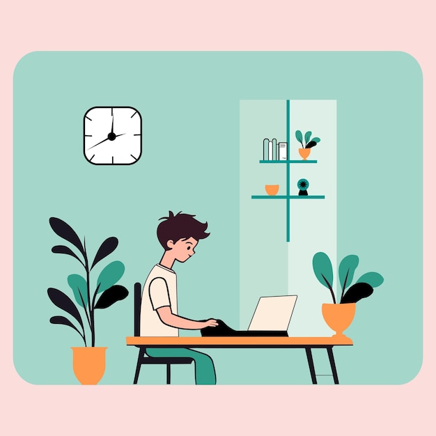 A Boy still working on laptop in beautiful room vector flat design