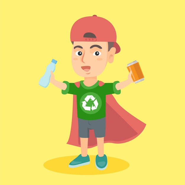 Boy superhero with aluminum tin and plastic bottle